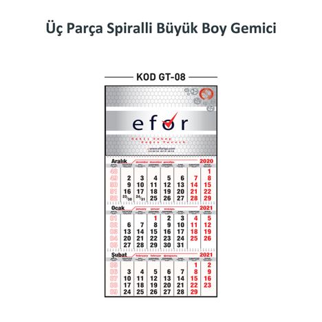 Üç Parça Spiralli Büyük Boy Gemici Takvim